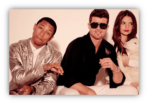 "Pharrell Williams, Robin Thicke, and Emily Ratajkowski posing together in a stylish photoshoot."