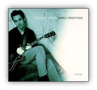 "Duncan Shaw's 'Barely Breathing' album cover featuring the artist with a guitar."
