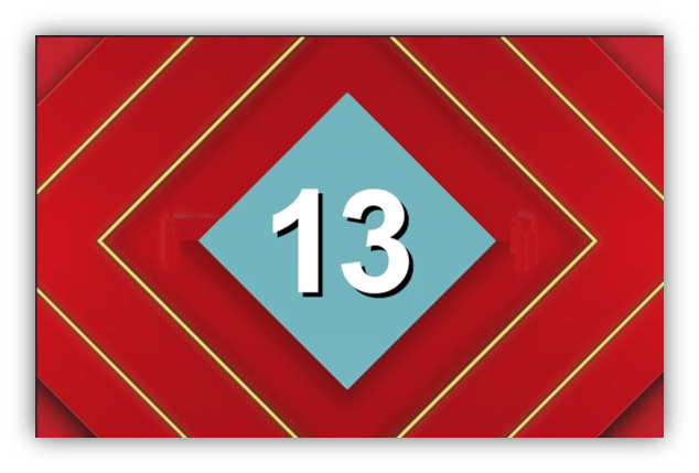 "Number 13 in a blue diamond on a red geometric background."
