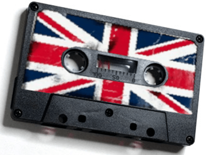 A black audio cassette tape with a worn Union Jack (UK flag) design printed on its label.