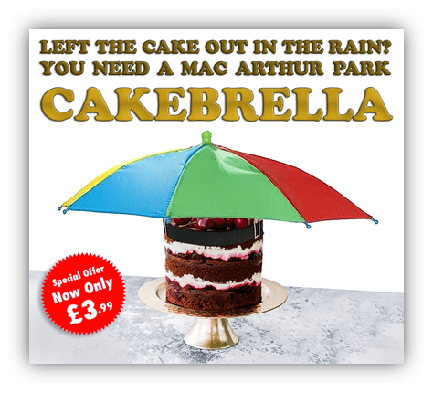 Colorful Cakebrella protecting a layered cake, with promotional text highlighting a special offer for £3.99, emphasizing its utility for keeping cakes dry in rainy weather.