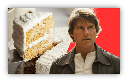 A close-up of a slice of cake with white frosting next to an image of Tom Cruise
