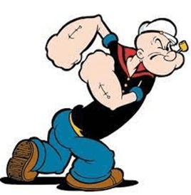 Classic cartoon character Popeye flexing his muscular arms, wearing a sailor outfit