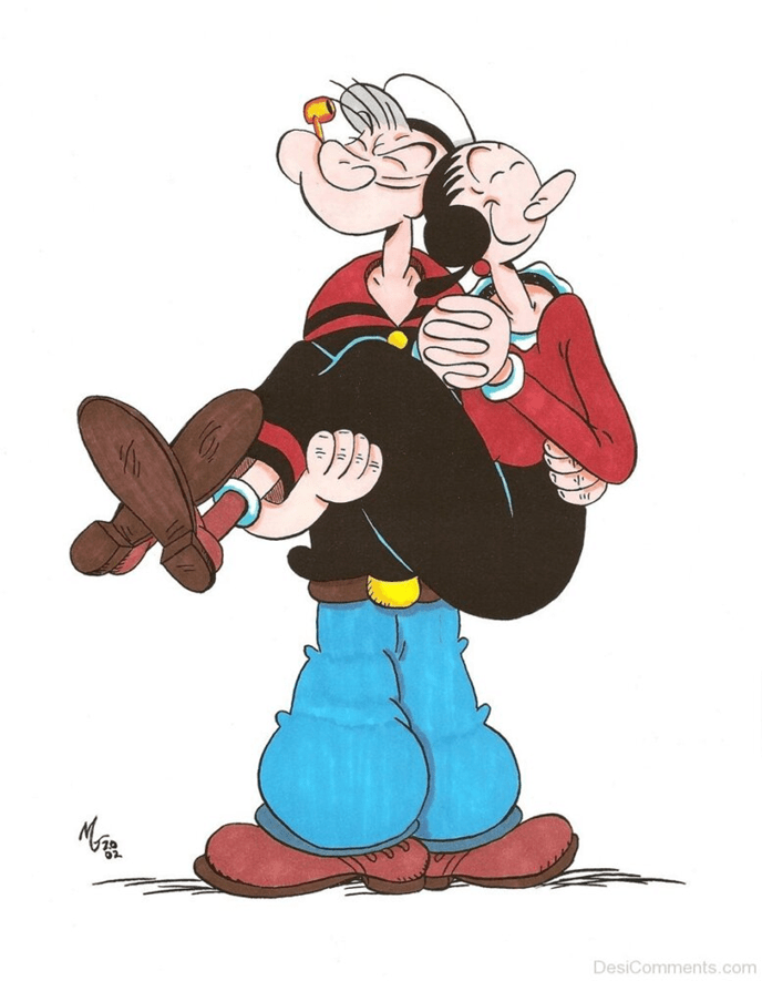 Popeye joyfully lifts Olive Oyl in a playful embrace,