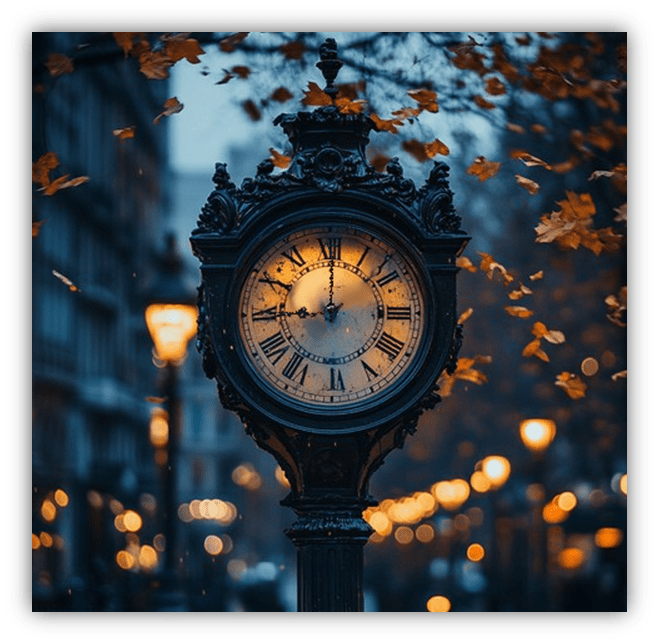 Vintage street clock surrounded by autumn leaves, illuminated by soft streetlights in a city setting during twilight.