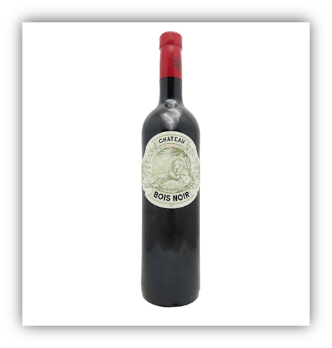 Red wine bottle labeled "Chateau Bois Noir" with a decorative white label and a red cap, showcasing a classic design ideal for wine enthusiasts.