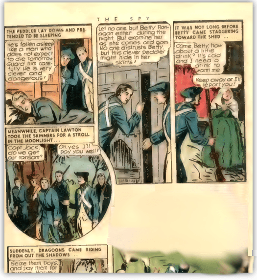 "Vintage comic panel depicting a scene from 'The Spy,' featuring characters in a tense dialogue about a peddler and a ransom."
