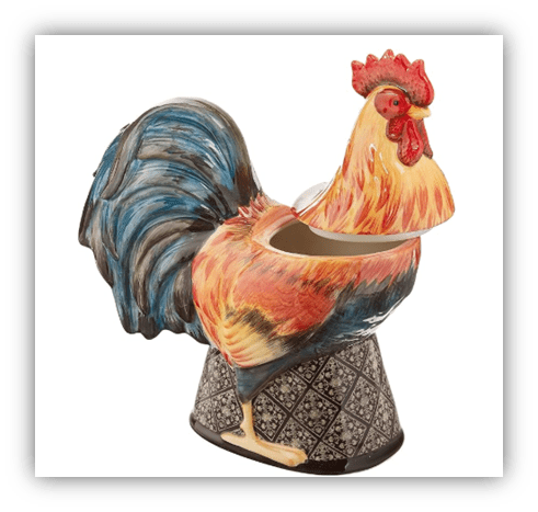 Colorful ceramic rooster figurine with an open top and patterned base.