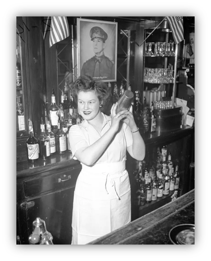 "Vintage bartender shaking cocktail at a bar, 1940s."