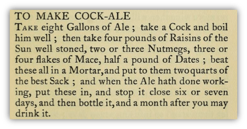 Alt text: "Recipe for Cock-Ale detailing ingredients and preparation steps."