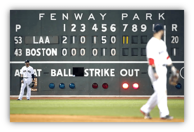 "Fenway Park scoreboard showing LA Angels vs. Boston Red Sox game details."