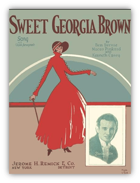 "Vintage sheet music cover for 'Sweet Georgia Brown' featuring a woman in a red dress and an inset photo of Stanley C. Abel."