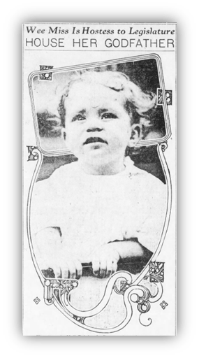 "Vintage newspaper image of a young girl, captioned as a hostess to the legislature."