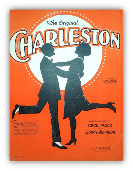 "Vintage sheet music cover for 'The Original Charleston' featuring a couple dancing, with bold orange background and text."