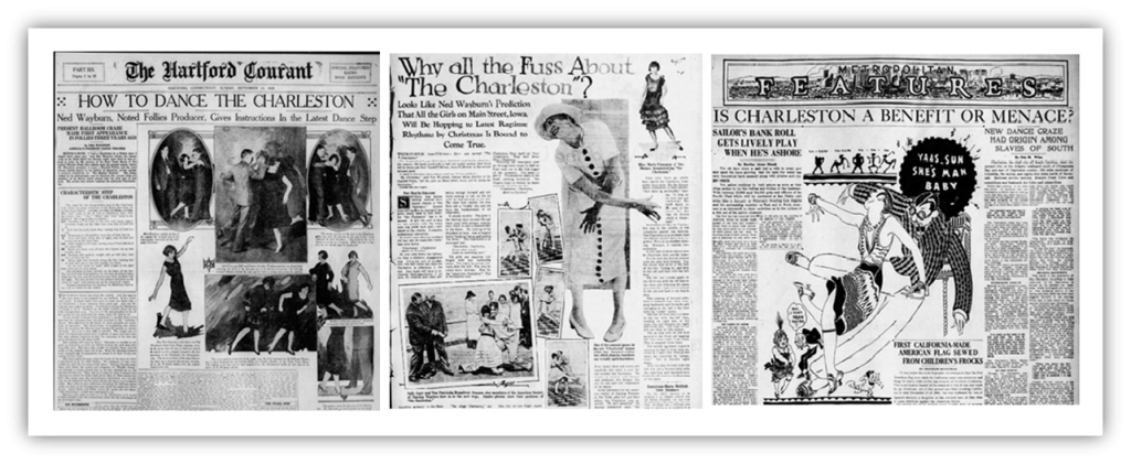 Historic newspaper pages featuring articles on how to dance the Charleston, its cultural significance, and related topics from The Hartford Courant.