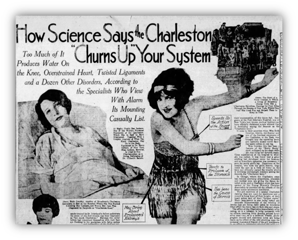 "1920s newspaper article on Charleston dance effects, featuring dancers and health warnings."