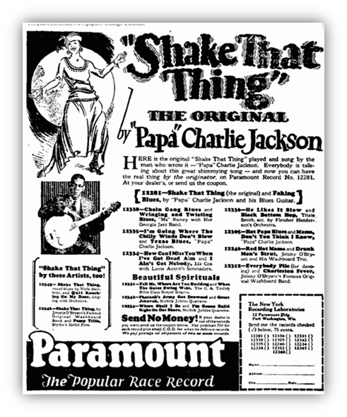Vintage advertisement for "Shake That Thing" by Papa Charlie Jackson, featuring song details and Paramount Records branding.