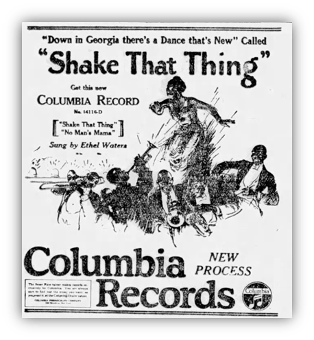Vintage advertisement for Columbia Records featuring "Shake That Thing" by Ethel Waters.