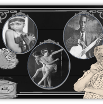 Vintage collage featuring a gramophone, three iconic performers, and a thoughtful man, highlighting the jazz age.