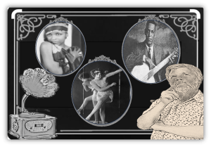 Vintage collage featuring a gramophone, three iconic performers, and a thoughtful man, highlighting the jazz age.