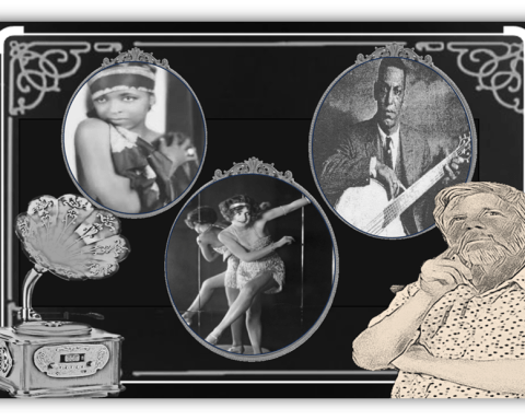 Vintage collage featuring a gramophone, three iconic performers, and a thoughtful man, highlighting the jazz age.