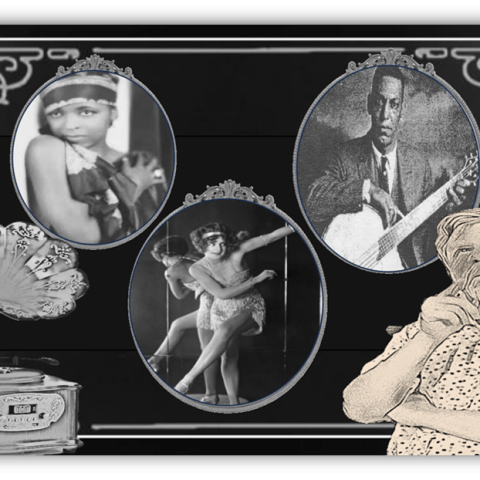 Vintage collage featuring a gramophone, three iconic performers, and a thoughtful man, highlighting the jazz age.