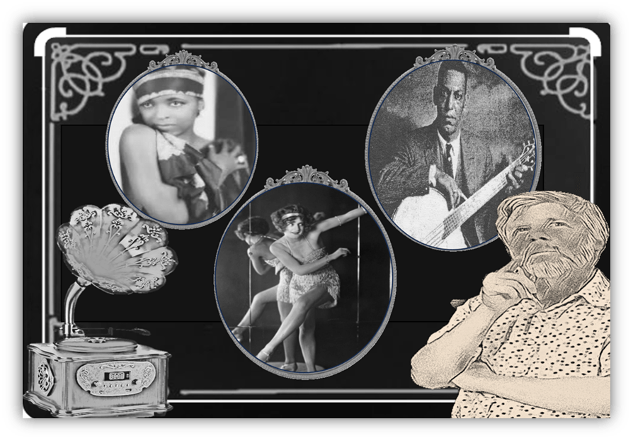 Vintage collage featuring a gramophone, three iconic performers, and a thoughtful man, highlighting the jazz age.