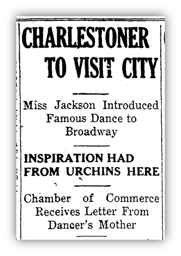 "Vintage newspaper headline about Miss Jackson, a Charleston dancer visiting the city."