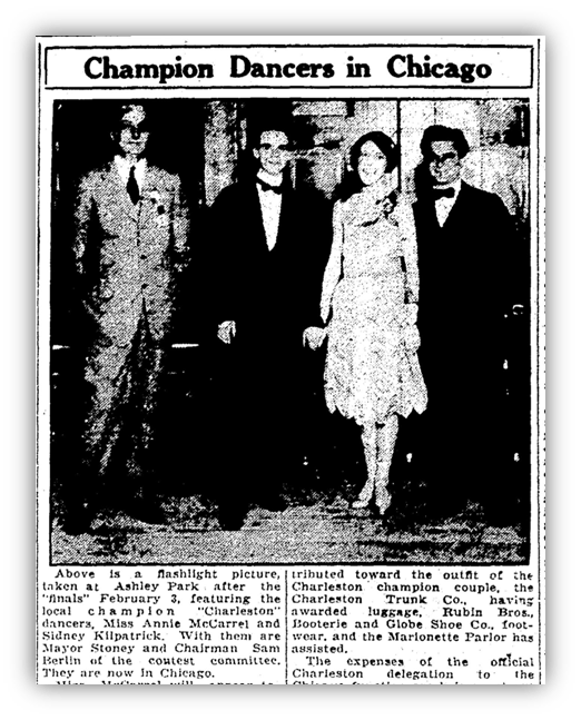 "Historic photo of champion Charleston dancers Annie McCarrel and Sidney Kilpatrick in Chicago, 1920s."
