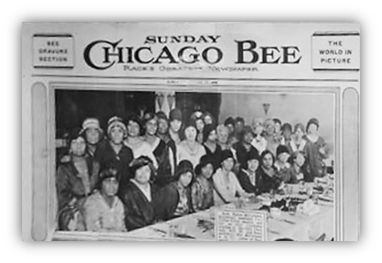 "Historic image of the Sunday Chicago Bee newspaper featuring a diverse group of women at a community gathering."