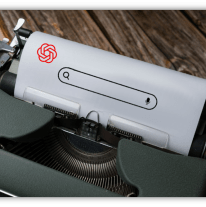 "Vintage typewriter with search bar and logo on paper."