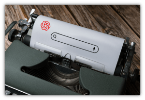 "Vintage typewriter with search bar and logo on paper."