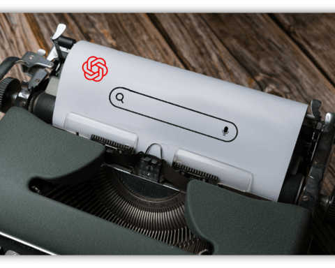 "Vintage typewriter with search bar and logo on paper."
