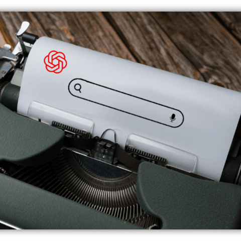 "Vintage typewriter with search bar and logo on paper."