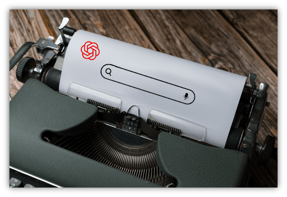 "Vintage typewriter with search bar and logo on paper."