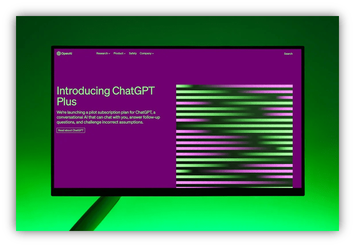"OpenAI ChatGPT Plus introduction on a monitor with a purple background."