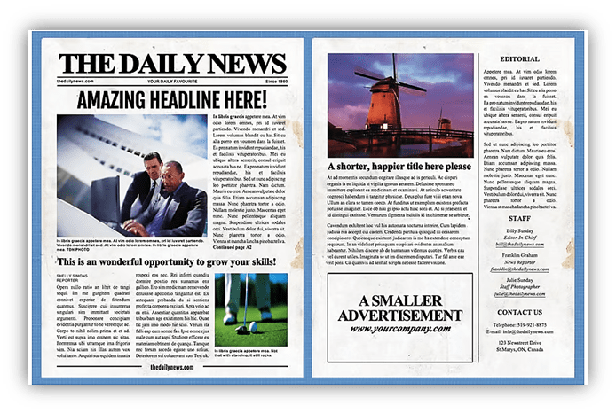 Image of a newspaper layout featuring articles, headlines, and advertisements.
