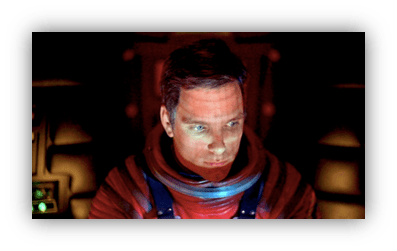 Astronaut in a space suit, focused expression, illuminated by control panel lights.