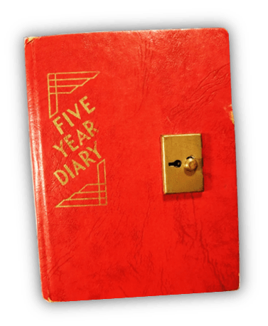 Red five-year diary with a lock and gold lettering.