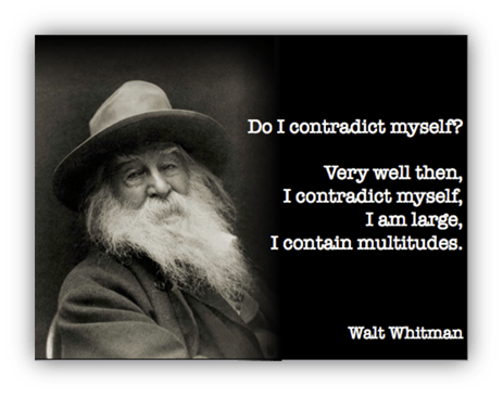Portrait of Walt Whitman with quote about contradictions and complexity.