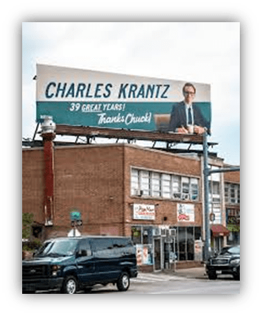 Billboard advertising Charles Krantz, celebrating 39 years in business.