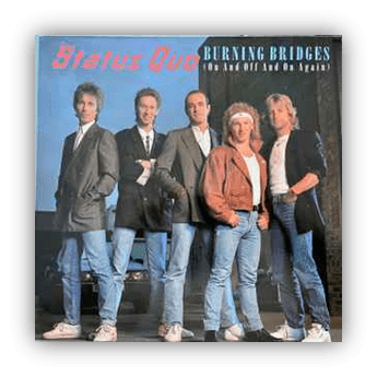 "Status Quo album cover for 'Burning Bridges (On and Off and On Again)' featuring the band members in stylish outfits."