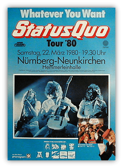 "Status Quo concert poster for 'Whatever You Want' tour, March 22, 1980, Nürnberg-Neunkirchen."
