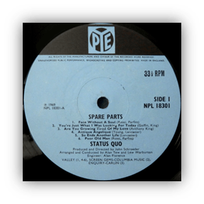 "Status Quo 'Spare Parts' vinyl record label, side one, 33 RPM."