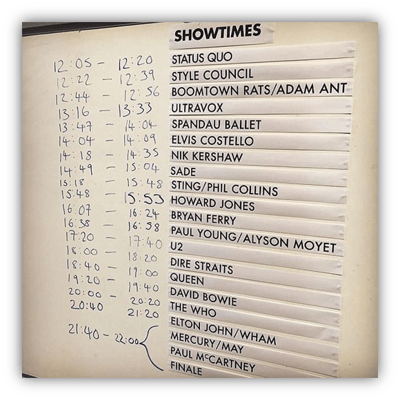 "Showtimes schedule for a music festival featuring artists like Status Quo, U2, Queen, and Paul McCartney."