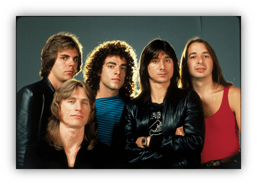 "Iconic 1980s rock band posing together, showcasing distinct hairstyles and fashion."