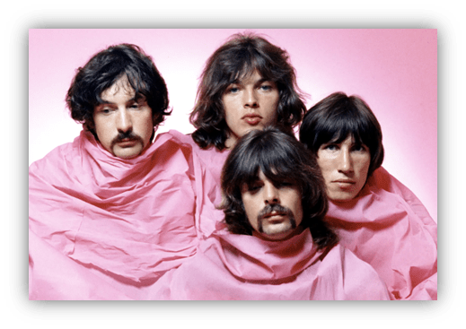 "Four musicians in pink cloaks against a pink background."