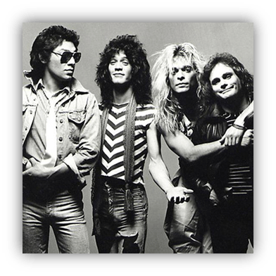 "Black and white photo of a 1980s rock band posing together, featuring iconic hairstyles and fashion."