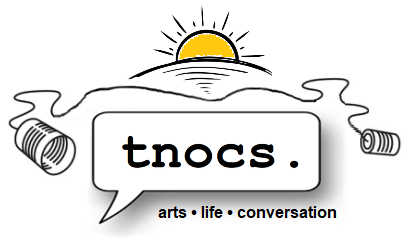 Logo of tnocs featuring a sun, hills, and a speech bubble with the text "arts • life • conversation."
