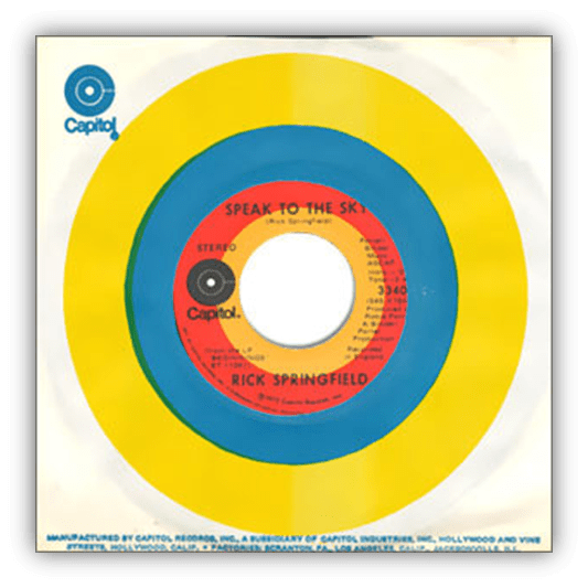 "Rick Springfield's 'Speak to the Sky' vinyl record with colorful sleeve."